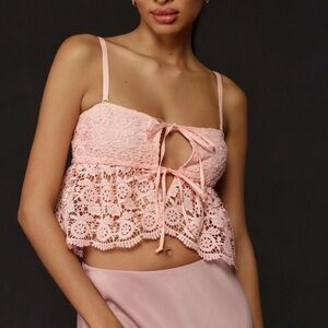 Anthropologie Strapless Crochet Lace Top Tie Front Pink